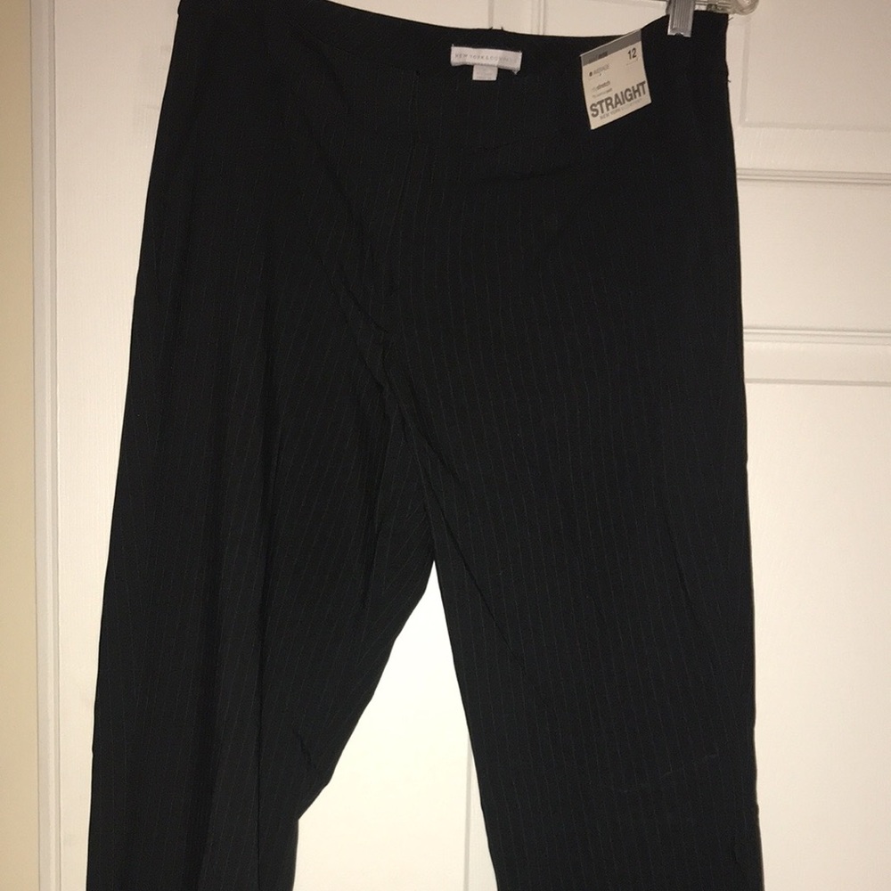New York and company black with subtle grey pinstripe pant.
